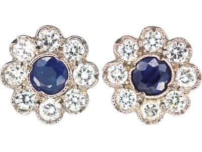 18ct White Gold, Sapphire & Diamond Flower Cluster Earrings