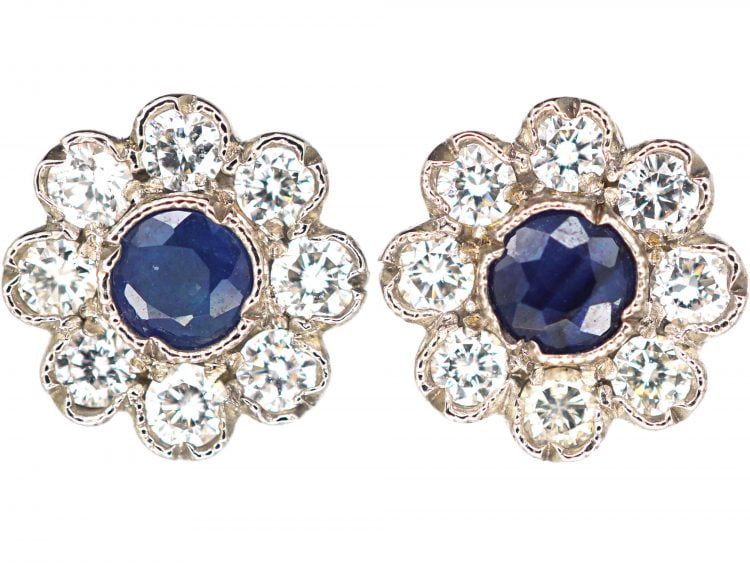 18ct White Gold, Sapphire & Diamond Flower Cluster Earrings