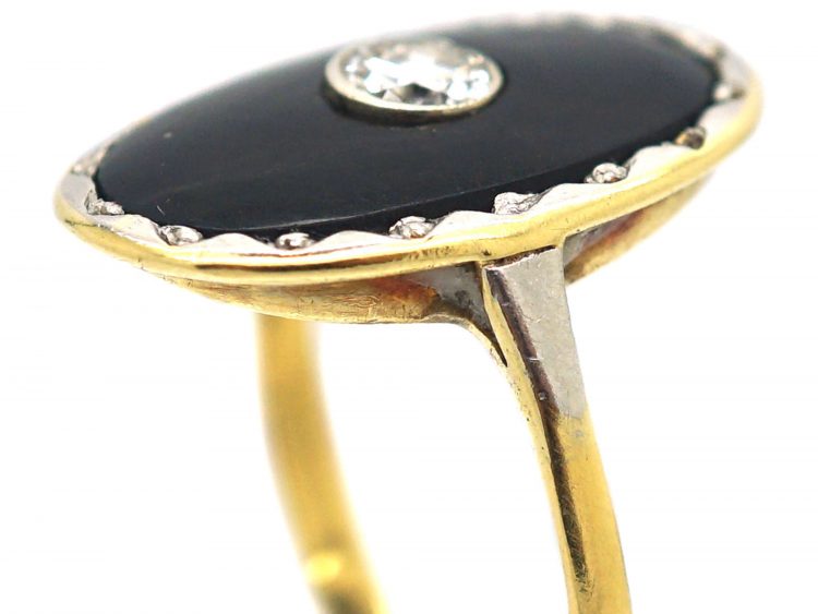 Art Deco 18ct Gold, Onyx & Diamond Oval Shaped Ring
