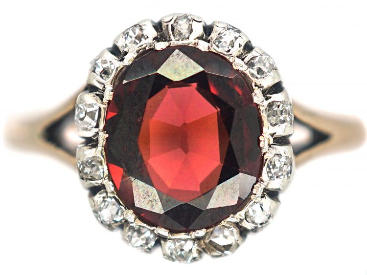 Victorian 14ct Gold, Garnet & Diamond Oval Cluster Ring