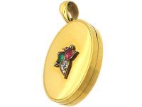 Victorian Large 18ct Gold Oval Shaped Locket set with a Sapphire, Ruby & Emerald in the Original Case