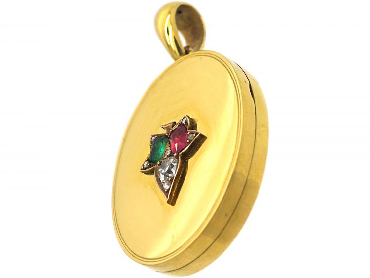 Victorian Large 18ct Gold Oval Shaped Locket set with a Sapphire, Ruby & Emerald in the Original Case