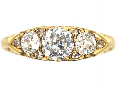 Victorian 18ct Gold, Three Stone Diamond Carved Half Hoop Ring