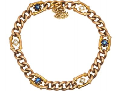 Edwardian 9ct Gold, Sapphire & Diamond Curb Bracelet