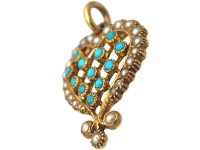 Edwardian 18ct Gold, Turquoise & Natural Split Pearl Heart Shaped Forget Me Not Pendant