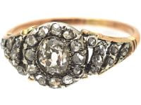 Georgian 18ct Gold & Silver, Diamond Cluster Ring with rose Diamond set Shoulders