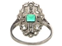 Art Deco Platinum, Emerald & Diamond Navette Shaped Ring