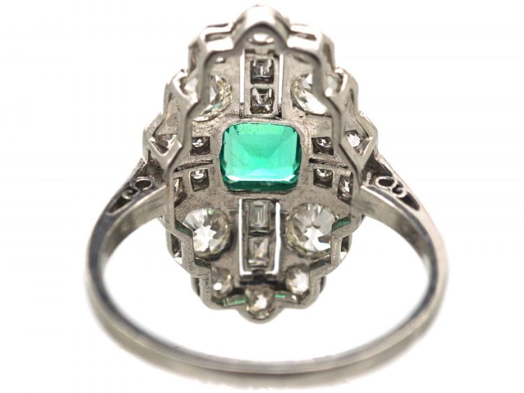 Art Deco Platinum, Emerald & Diamond Navette Shaped Ring