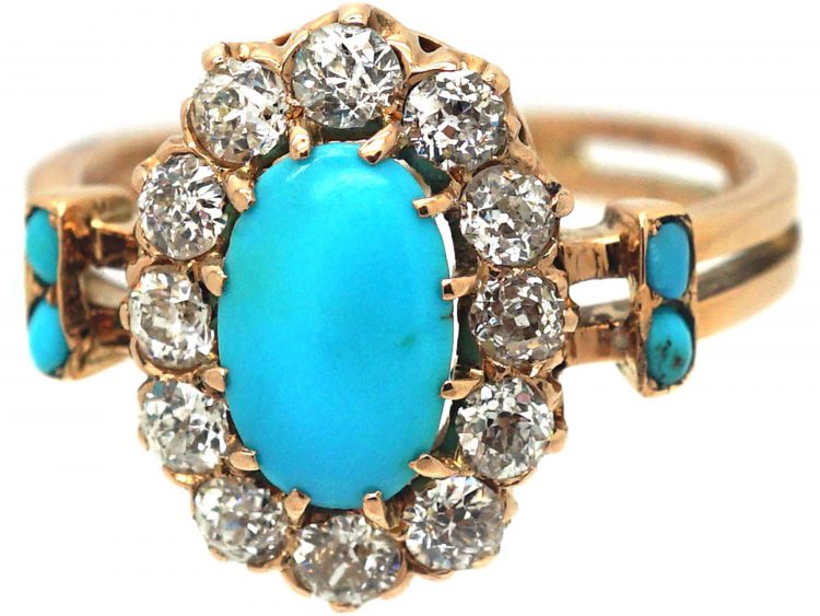 Edwardian 15ct Gold, Turquoise & Diamond Oval Cluster Ring with Turquoise Set Shoulders