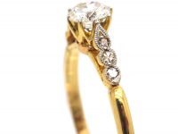 Art Deco 18ct Gold & Platinum, Diamond Solitaire Ring with Diamond Set Shoulders