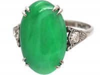 Art Deco 18ct White Gold & Platinum, Jade Ring with Diamond Set Shoulders