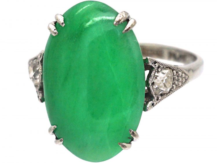 Art Deco 18ct White Gold & Platinum, Jade Ring with Diamond Set Shoulders