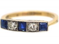 Art Deco 18ct Gold & Platinum, Square Cut Sapphire & Diamond Ring