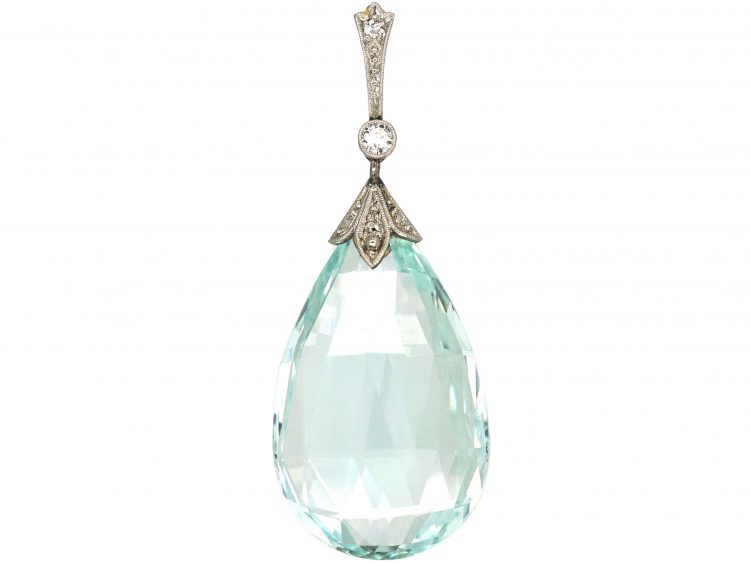 Art Deco 15ct Gold & Platinum, Aquamarine & Diamond Pendant
