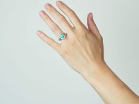 Edwardian 15ct Gold, Turquoise & Diamond Oval Cluster Ring with Turquoise Set Shoulders