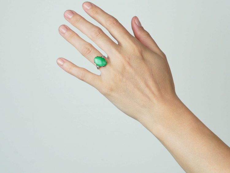 Art Deco 18ct White Gold & Platinum, Jade Ring with Diamond Set Shoulders