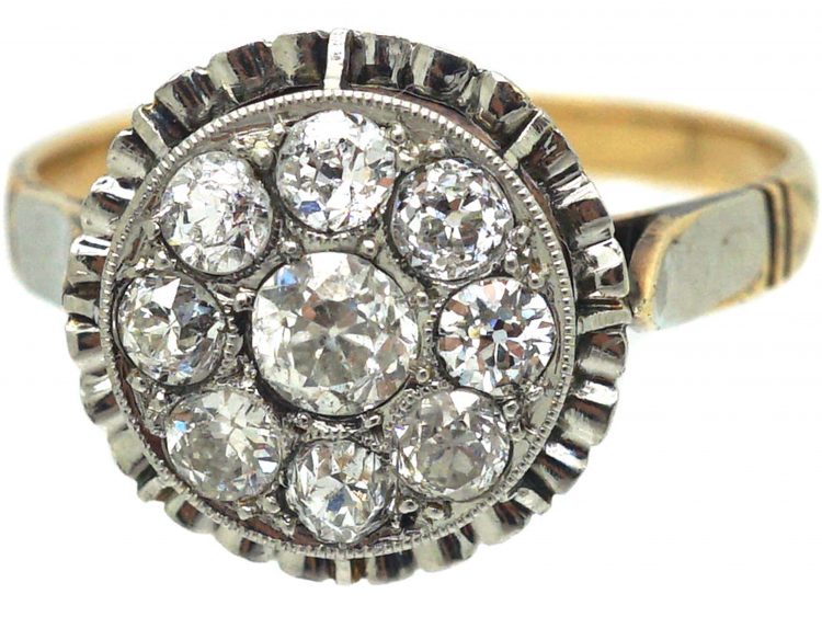 Art Deco French 18ct Gold & Platinum, Diamond Cluster Ring with Pie Crust Border