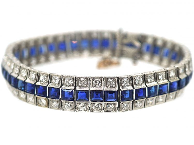 Art Deco Platinum, Sapphire and Diamond Triple Line Cocktail Bracelet
