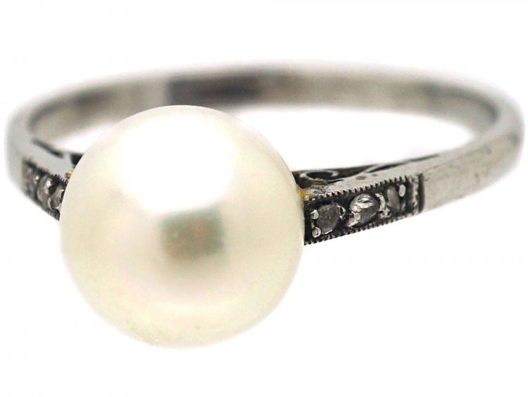Art Deco Platinum, Cultured Pearl Ring with Rose Diamond Shoulders