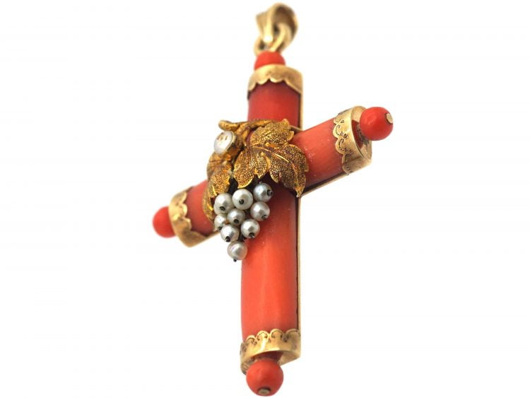 Regency 15ct Gold, Coral & Natural Pearl Cross with Grapes Motif