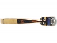 Art Deco 18ct Gold & Platinum, Square Cut Sapphire & Diamond Ring