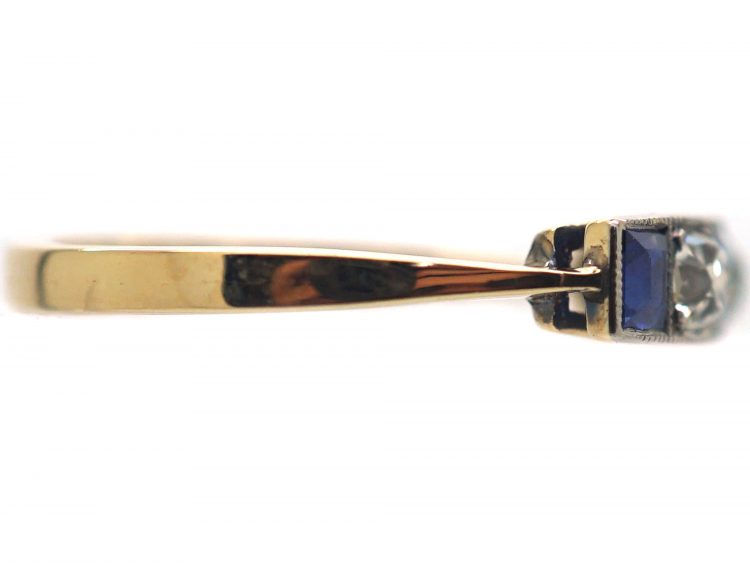Art Deco 18ct Gold & Platinum, Square Cut Sapphire & Diamond Ring