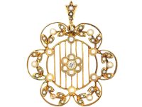 Edwardian 15ct Gold, Natural Split Pearl & Diamond Floral Pendant