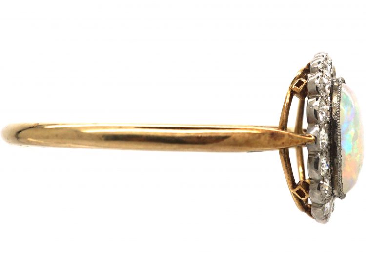 Edwardian 18ct Gold & Platinum, Opal & Diamond Oval Cluster Ring