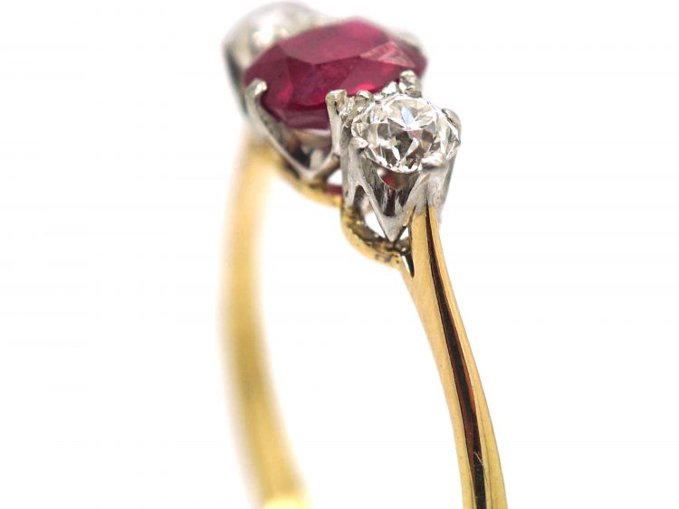 Art Deco 18ct Gold, Ruby & Diamond Three Stone Ring