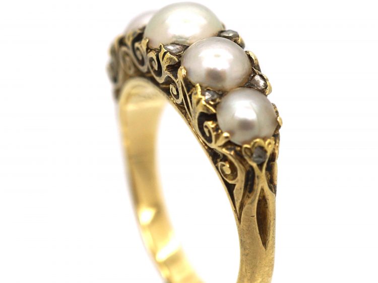 Victorian 18ct Gold, Carved Half Hoop Ring set with Natural Pearls with Diamond Points