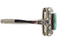 Art Deco Platinum & 18ct White Gold, Emerald & Diamond Rectangular Cluster Ring with Diamond set Shoulders
