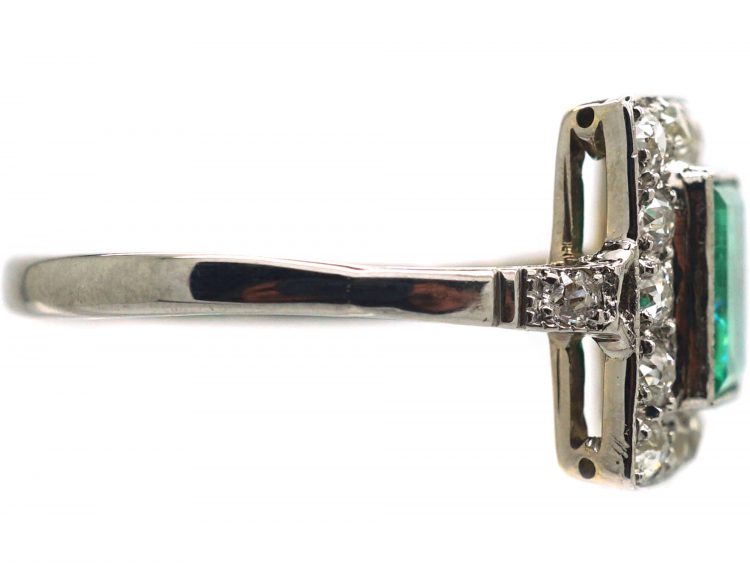 Art Deco Platinum & 18ct White Gold, Emerald & Diamond Rectangular Cluster Ring with Diamond set Shoulders