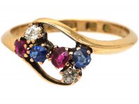 Art Nouveau 18ct Gold, Ruby, Diamond & Sapphire Double Shamrock Ring