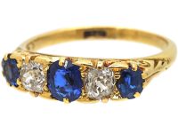 Edwardian 18ct Gold, Five Stone Sapphire & Diamond Carved Half Hoop Ring