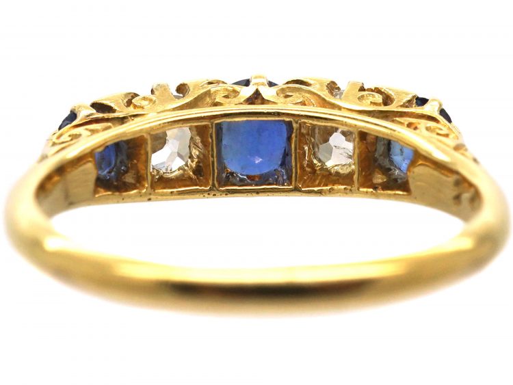 Edwardian 18ct Gold, Five Stone Sapphire & Diamond Carved Half Hoop Ring