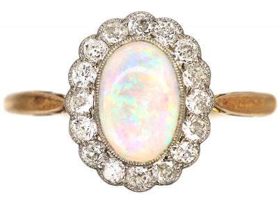 Edwardian 18ct Gold & Platinum, Opal & Diamond Oval Cluster Ring