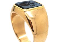 Early 20th Century Austro- Hungarian 14ct Gold Signet Ring with Onyx Intaglio of a Crest with Two Hearts