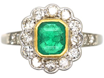 Art Deco Platinum & 18ct Gold, Emerald & Diamond Cluster Ring with Diamond Set Shoulders