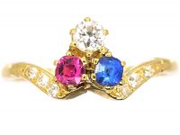 Art Nouveau 18ct Gold, Sapphire, Ruby & Diamond Ring with Diamond Set Shoulders