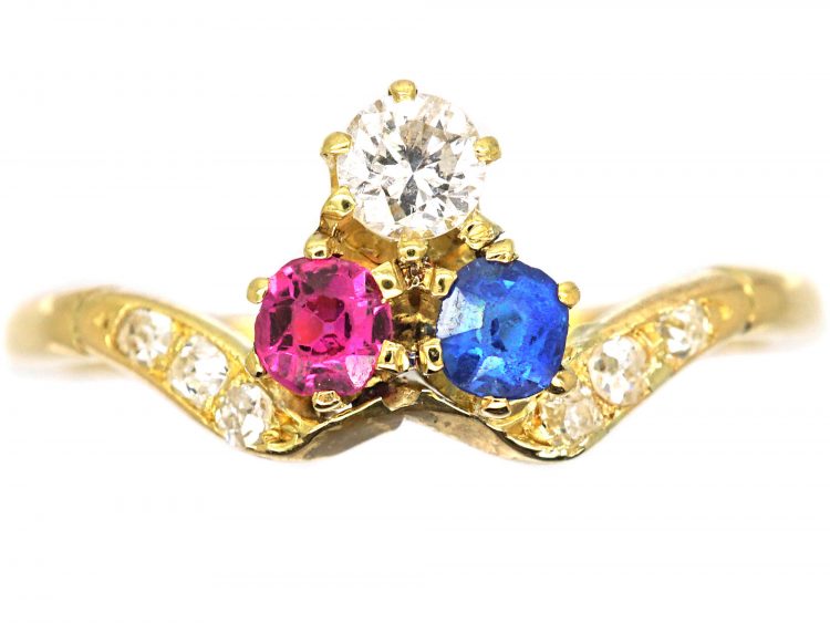 Art Nouveau 18ct Gold, Sapphire, Ruby & Diamond Ring with Diamond Set Shoulders