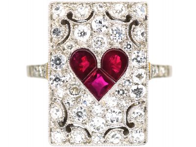 Art Deco Platinum, Diamond & Ruby Rectangular Shaped Ace of Hearts Ring