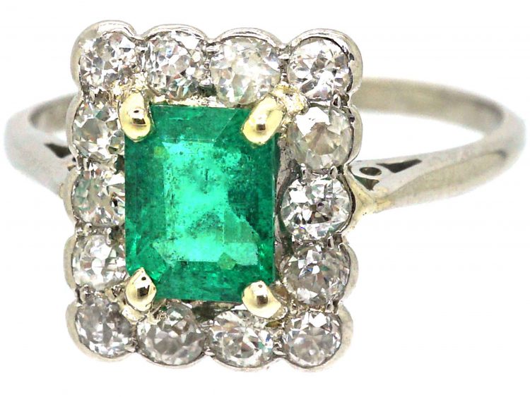 Art Deco Platinum, Emerald & Diamond Rectangular Cluster Ring