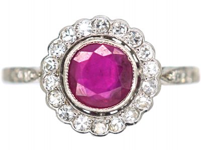 Art Deco Platinum & 18ct Gold, Ruby & Diamond Cluster Ring