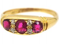 Edwardian 18ct Gold, Ruby & Diamond Three Stone Ring by Deakin & Frances