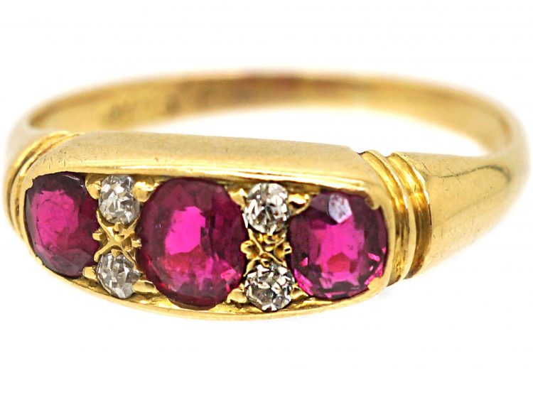 Edwardian 18ct Gold, Ruby & Diamond Three Stone Ring by Deakin & Frances