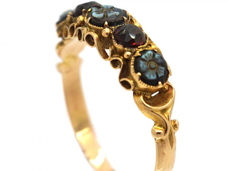 Regency 15ct Gold Ring set with Onyx & Garnets with Flower Detail