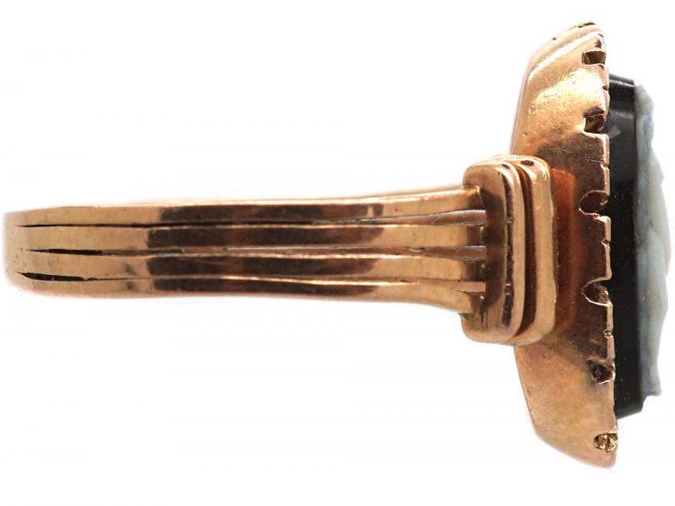 Victorian 14ct Gold Ring with Carved Sardonyx Angel in a Natural Split Pearl Surround