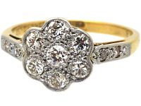 Edwardian 18ct Gold & Platinum, Diamond Cluster Ring with Diamond Set Shoulders