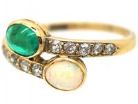 Edwardian 18ct Gold, Cabochon Emerald & Opal Crossover Ring With Diamonds Shoulders