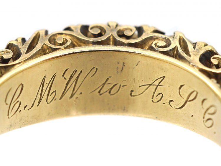 Victorian 18ct Gold, Carved Half Hoop Ring set with Natural Pearls with Diamond Points